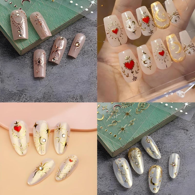 SPLOCUDU 12 Sheets Bohemian Style Nail Stickers for Nail Art Sun Star Moon 3D Self-Adhesive Gold Nails Decals Supplies for Women DIY Manicure - Image 4
