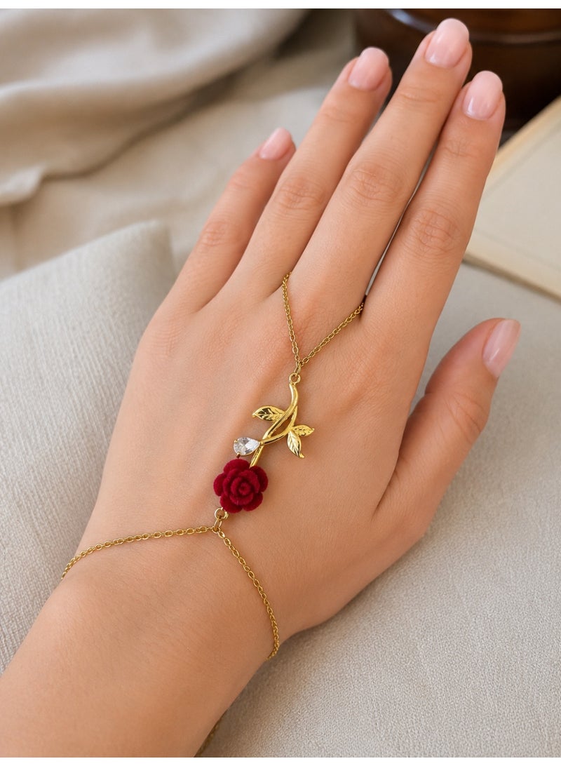 Shein Women's Stainless Steel Hand Chain Bracelet Ring – Red Rose & Crystal Leaf Design – Gold Tone – Tarnish & Rust Resistant - Image 1