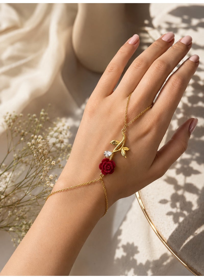 Shein Women's Stainless Steel Hand Chain Bracelet Ring – Red Rose & Crystal Leaf Design – Gold Tone – Tarnish & Rust Resistant - Image 2