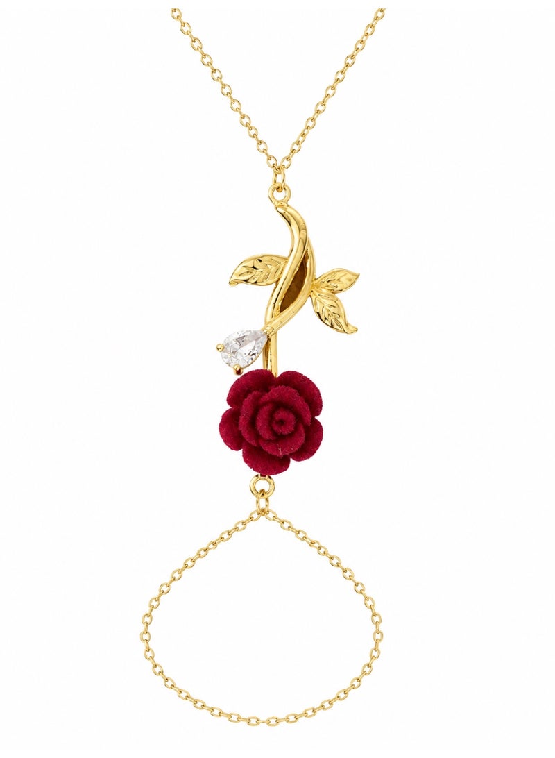 Shein Women's Stainless Steel Hand Chain Bracelet Ring – Red Rose & Crystal Leaf Design – Gold Tone – Tarnish & Rust Resistant - Image 3