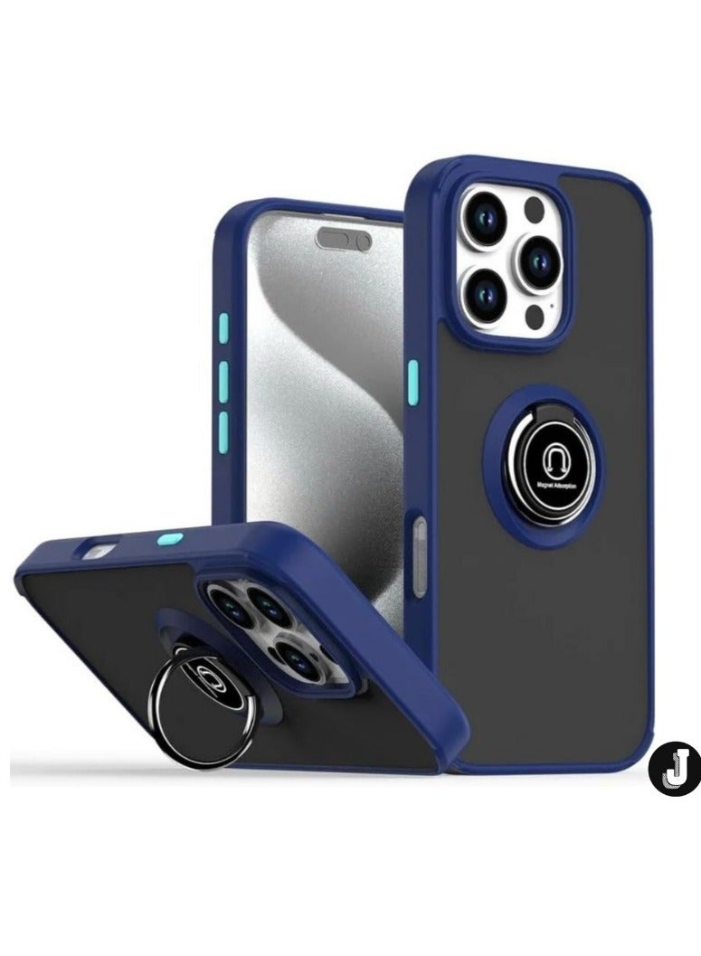 JAJEEK iPhone 16 Case Cover – Blue Matte Shockproof Bumper with Metal Ring Holder Kickstand & Car Magnetic Mount - Image 1