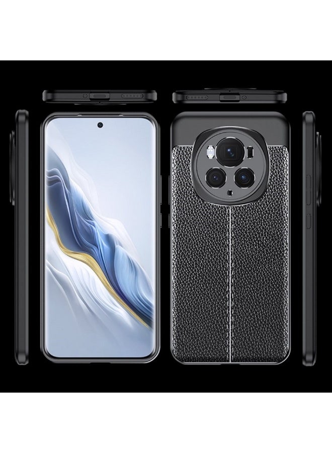 Case For Honor Magic 6 Pro 5G   ,- Brushed Shockproof Cover Leather Pattern Durable Protection Case Anti-Slip - With Ultra Protection For Camera - Black - Image 3