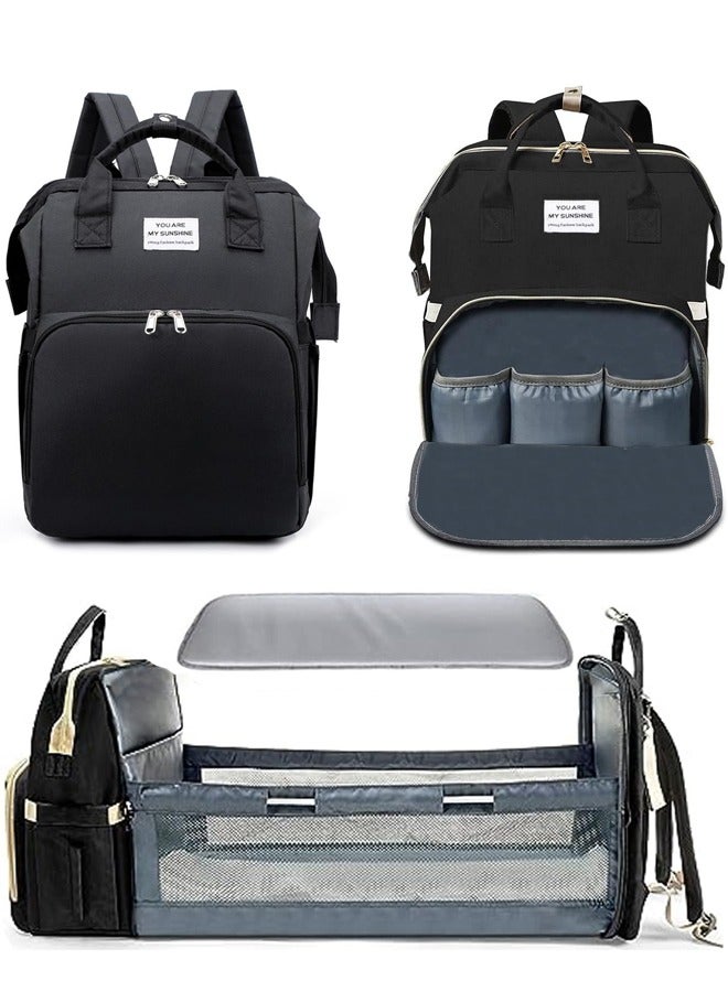 Diaper Bag Backpack Waterproof Diaper Changing Totes Multi-Function Travel Portable Bassinet Backpack Mommy Bag Large Capacity Baby Backpack for Boy Girl Baby Shower Gifts Folding Frib (Black) - Image 1