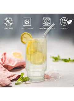 Arabest Ribbed Glassware Drinking Glass Set, 350ml Durable Fluted Glassware 4PCS Set, Vintage Drinking Glass Cups, Large Drinking Glasses, With Glass Straws and Brush, For All Purpose  - Image 2