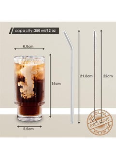 Arabest Ribbed Glassware Drinking Glass Set, 350ml Durable Fluted Glassware 4PCS Set, Vintage Drinking Glass Cups, Large Drinking Glasses, With Glass Straws and Brush, For All Purpose  - Image 4