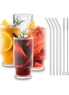 Arabest Ribbed Glassware Drinking Glass Set, 350ml Durable Fluted Glassware 4PCS Set, Vintage Drinking Glass Cups, Large Drinking Glasses, With Glass Straws and Brush, For All Purpose  - Image 1
