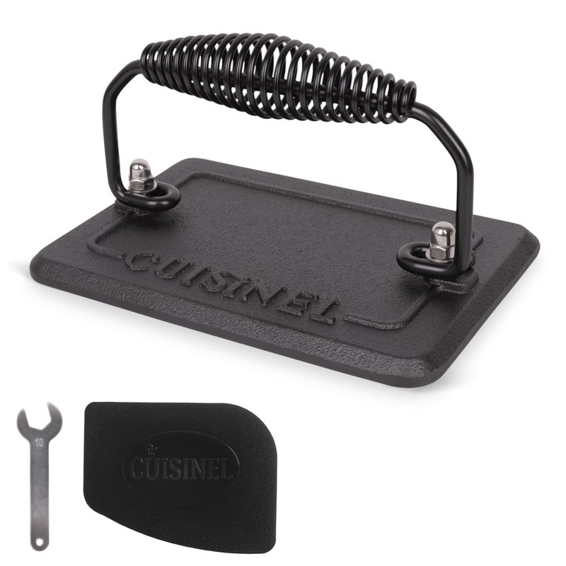 Cuisinel Grill Press  Cast Iron Burger Press for Bacon Steak  Hamburgers  675 x 45 Rectangular PreSeasoned 28lb Weight Sandwich Maker  Griddle BBQ Accessory  ComfortGrip Handle