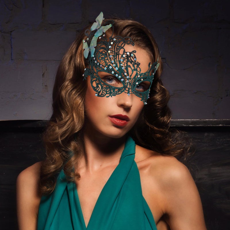 Zinniday Green Lace Masquerade Mask - Handmade Mysterious Colored Rhinestones Vintage Antique Butterfly Mask for Men Women Couples Mardi Evening Prom Ball Halloween Cosplay Wedding Birthday - Image 2