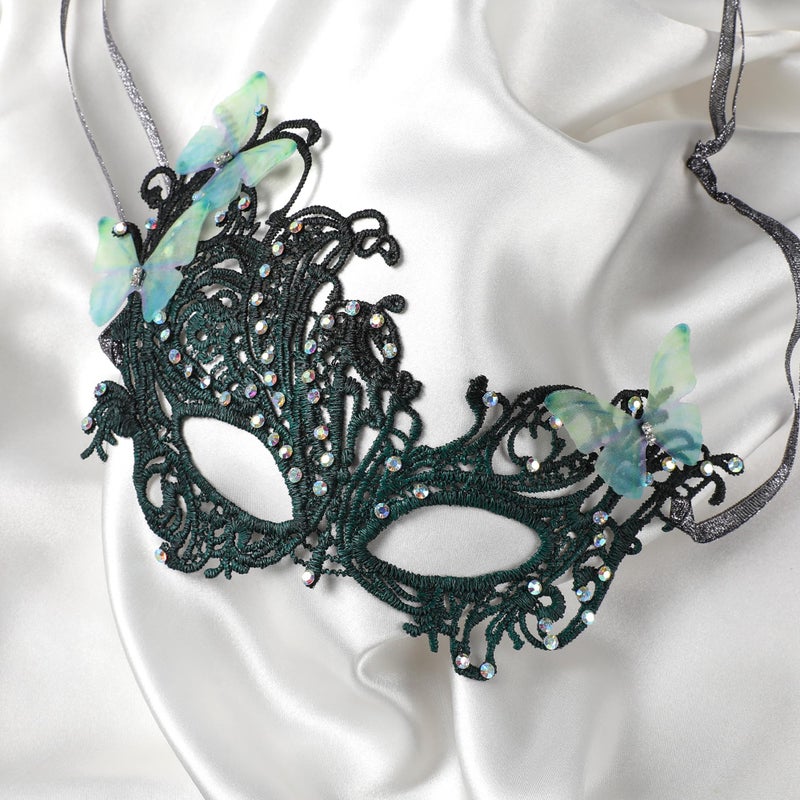 Zinniday Green Lace Masquerade Mask - Handmade Mysterious Colored Rhinestones Vintage Antique Butterfly Mask for Men Women Couples Mardi Evening Prom Ball Halloween Cosplay Wedding Birthday - Image 3