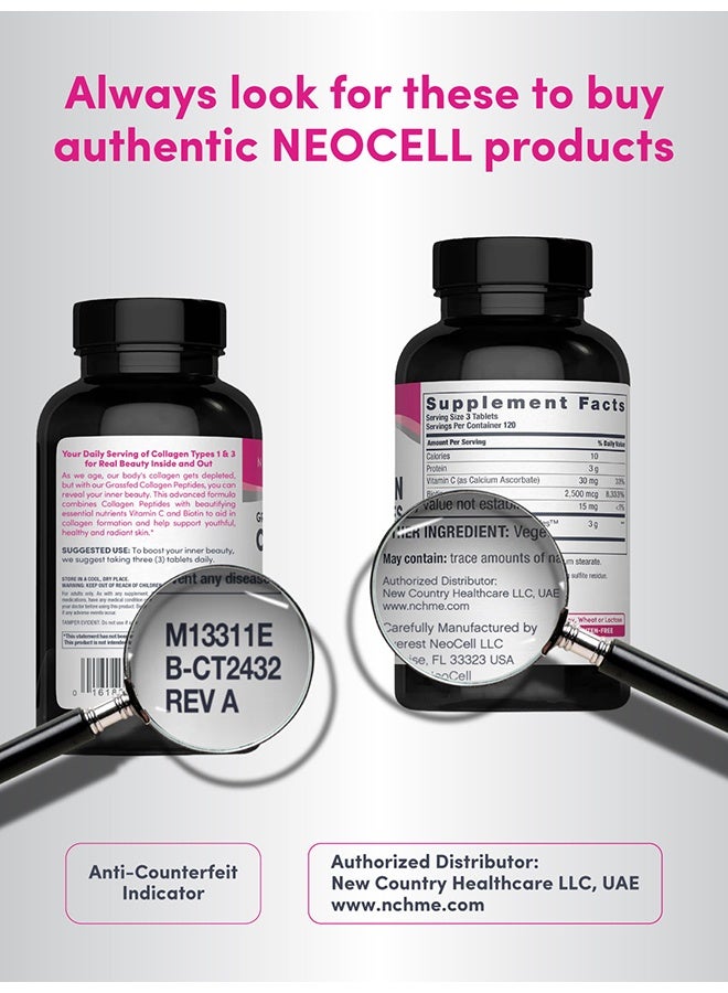 نيوسيل Neocell Grassfed Collagen Peptides + Vitamin C + Biotin | 6g Collagen Type 1 & 3 | 5,000mcg Biotin | Supports Healthy Hair, Skin, Nail & Joints | 360 Tablets - 2 Months Supply - Image 2