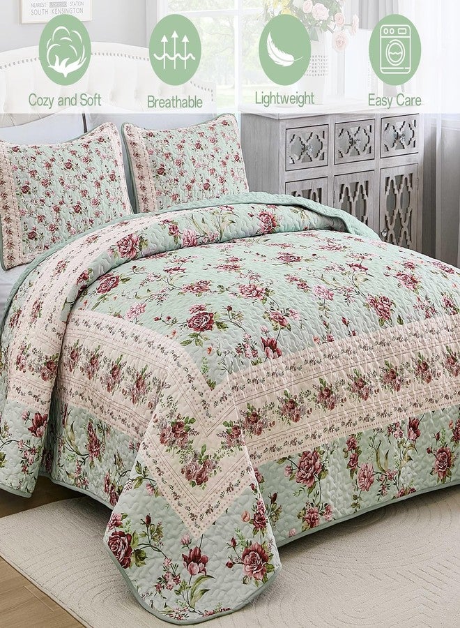 Xruibed Floral Quilt Set King Size, 3PCs Antique Rose Green Bedspread Coverlet Set, Lightweight Soft Microfiber Green Quilt Set with 2 Pillowcases for All Season (King Size 110"x90") - Image 2