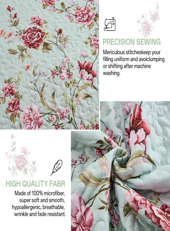 Xruibed Floral Quilt Set King Size, 3PCs Antique Rose Green Bedspread Coverlet Set, Lightweight Soft Microfiber Green Quilt Set with 2 Pillowcases for All Season (King Size 110"x90") - Image 4