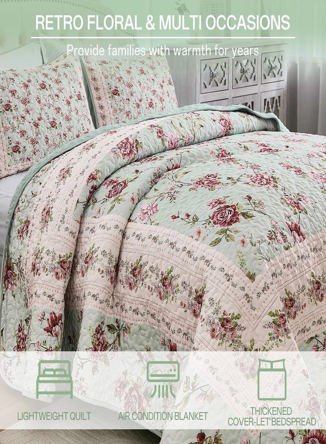 Xruibed Floral Quilt Set King Size, 3PCs Antique Rose Green Bedspread Coverlet Set, Lightweight Soft Microfiber Green Quilt Set with 2 Pillowcases for All Season (King Size 110"x90") - Image 3