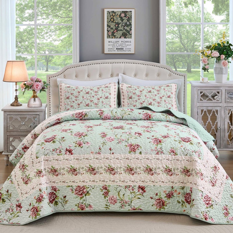 Xruibed Floral Quilt Set King Size, 3PCs Antique Rose Green Bedspread Coverlet Set, Lightweight Soft Microfiber Green Quilt Set with 2 Pillowcases for All Season (King Size 110"x90") - Image 1