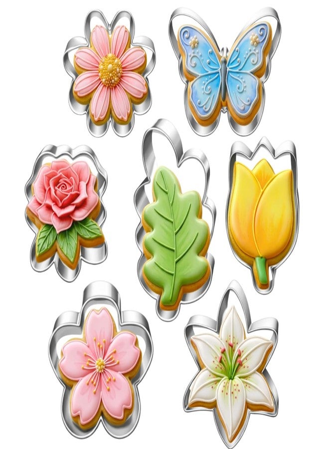 LUBTOSMN Flower and Leaf Cookie Cutter Set-7 Piece-Daisy, Lily, Rose, Tulip, Oak Leaf and Butterfly Fondant Biscui Cutters - Image 1