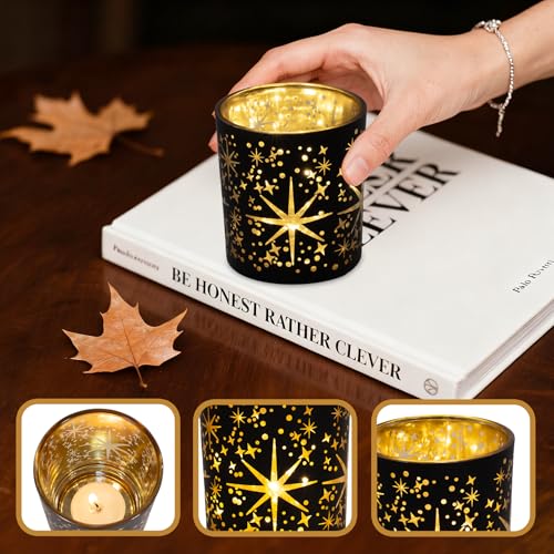 Toptime Votive Candle Holders Black and Gold, Glass Tealight Candle Holder Set of 3 with Stars Pattern, Vintage Tea Light Holders for Christmas Table Centerpiece Birthday Party Vanlentine's Day - Image 2