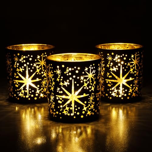 Toptime Votive Candle Holders Black and Gold, Glass Tealight Candle Holder Set of 3 with Stars Pattern, Vintage Tea Light Holders for Christmas Table Centerpiece Birthday Party Vanlentine's Day - Image 1
