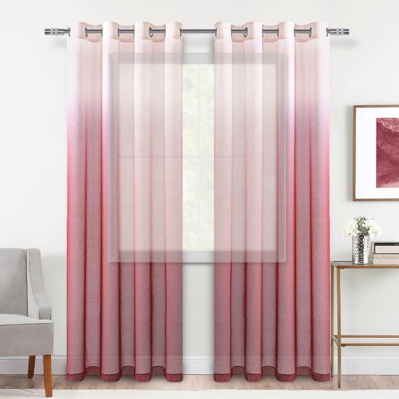 DWCN Faux Linen Ombre Sheer Curtains  Gradient Semi Voile Grommet Top Window Curtains for Bedroom and Living Room Set of 2 Panels 52 x 84 Inches Long Burgundy
