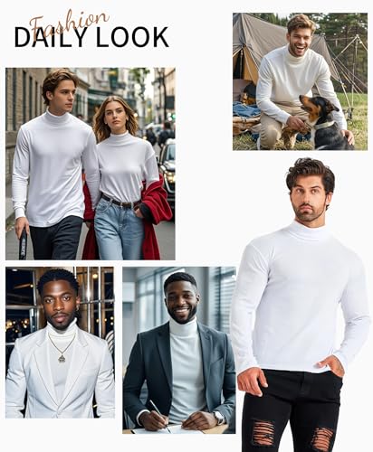 LONGBIDA Men Slim Fit Lightweight Long Sleeve Pullover Top Turtleneck T-Shirt(White,S) - Image 2
