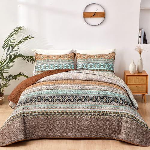 WONGS BEDDING Boho Fall Quilt Set King Brown Bohemian Quilt Bedding Set Ultra Soft Lightweight Bed Decor Bedspread for All Season Reversible Microfiber Coverlet Bedding Set 103x903 Pieces - Image 1