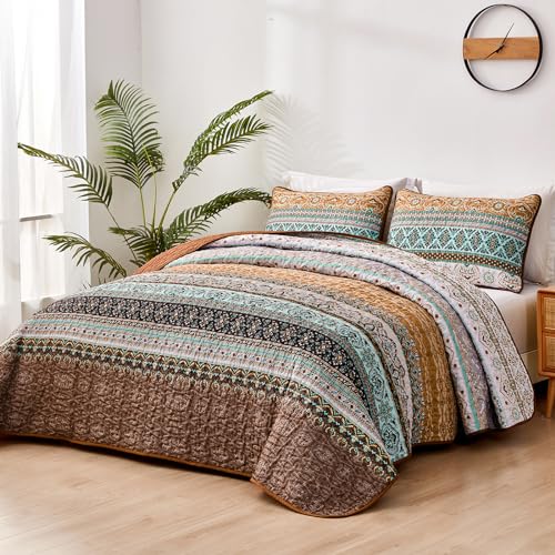 WONGS BEDDING Boho Fall Quilt Set King Brown Bohemian Quilt Bedding Set Ultra Soft Lightweight Bed Decor Bedspread for All Season Reversible Microfiber Coverlet Bedding Set 103x903 Pieces - Image 3