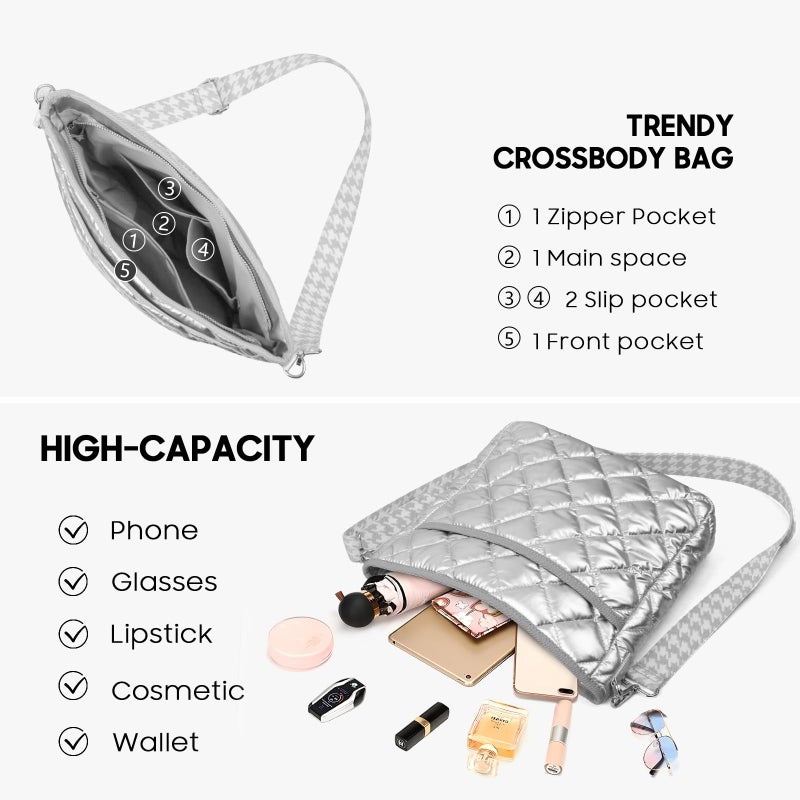EPEDAL24 Quilted Crossbody Bags for Women, Unique Pattern Strap Silver Cross body Bags for Women, Puffy Crossbody Bags for Women - Image 5