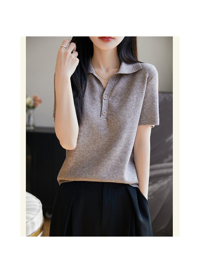 XINYANG 2025 Summer Polo Neck Blouse Button-up High-end Design Unique Short-sleeve Knit Top - Image 3