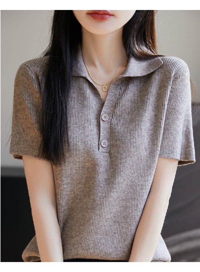 XINYANG 2025 Summer Polo Neck Blouse Button-up High-end Design Unique Short-sleeve Knit Top - Image 1