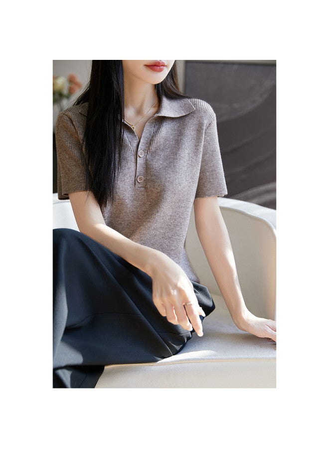 XINYANG 2025 Summer Polo Neck Blouse Button-up High-end Design Unique Short-sleeve Knit Top - Image 4