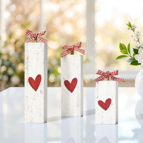 Sm:)e Smile Valentine's Day Wooden Block Decor Set of 3 Heart - Themed with Gingham Ribbon Tabletop Ornaments with White Patterns for Home, Shelf, Mantel Decoration - Image 3