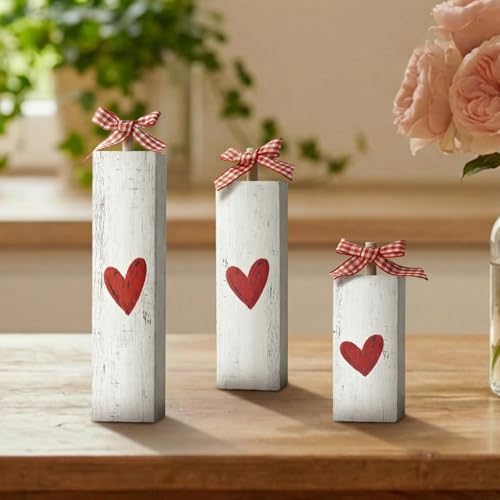 Sm:)e Smile Valentine's Day Wooden Block Decor Set of 3 Heart - Themed with Gingham Ribbon Tabletop Ornaments with White Patterns for Home, Shelf, Mantel Decoration - Image 5
