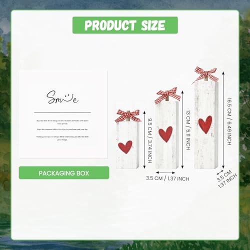 Sm:)e Smile Valentine's Day Wooden Block Decor Set of 3 Heart - Themed with Gingham Ribbon Tabletop Ornaments with White Patterns for Home, Shelf, Mantel Decoration - Image 2