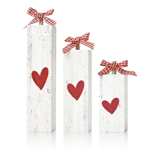 Sm:)e Smile Valentine's Day Wooden Block Decor Set of 3 Heart - Themed with Gingham Ribbon Tabletop Ornaments with White Patterns for Home, Shelf, Mantel Decoration - Image 1
