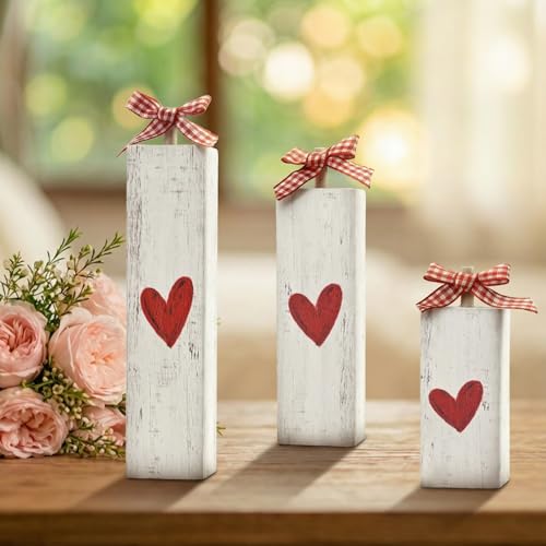 Sm:)e Smile Valentine's Day Wooden Block Decor Set of 3 Heart - Themed with Gingham Ribbon Tabletop Ornaments with White Patterns for Home, Shelf, Mantel Decoration - Image 4