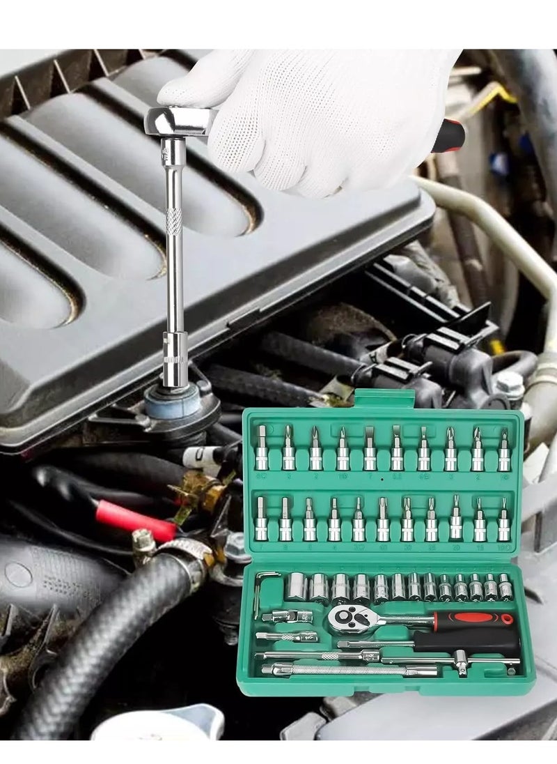 SRLIWHITE - 46Pcs 1/4"" Socket Ratchet Wrench Set with Bit Socket Set, Extension Bar Gimbal Slide Bar Extension Sockets Set for Automotive Repair And Home Us(Green) - Image 1