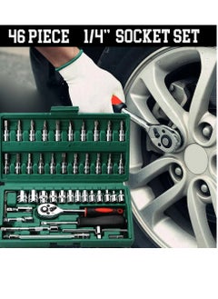 SRLIWHITE 46Pcs 1/4"" Socket Ratchet Wrench Set with Bit Socket Set, Extension Bar Gimbal Slide Bar Extension Sockets Set for Automotive Repair And Home Us(Green)  - Image 2