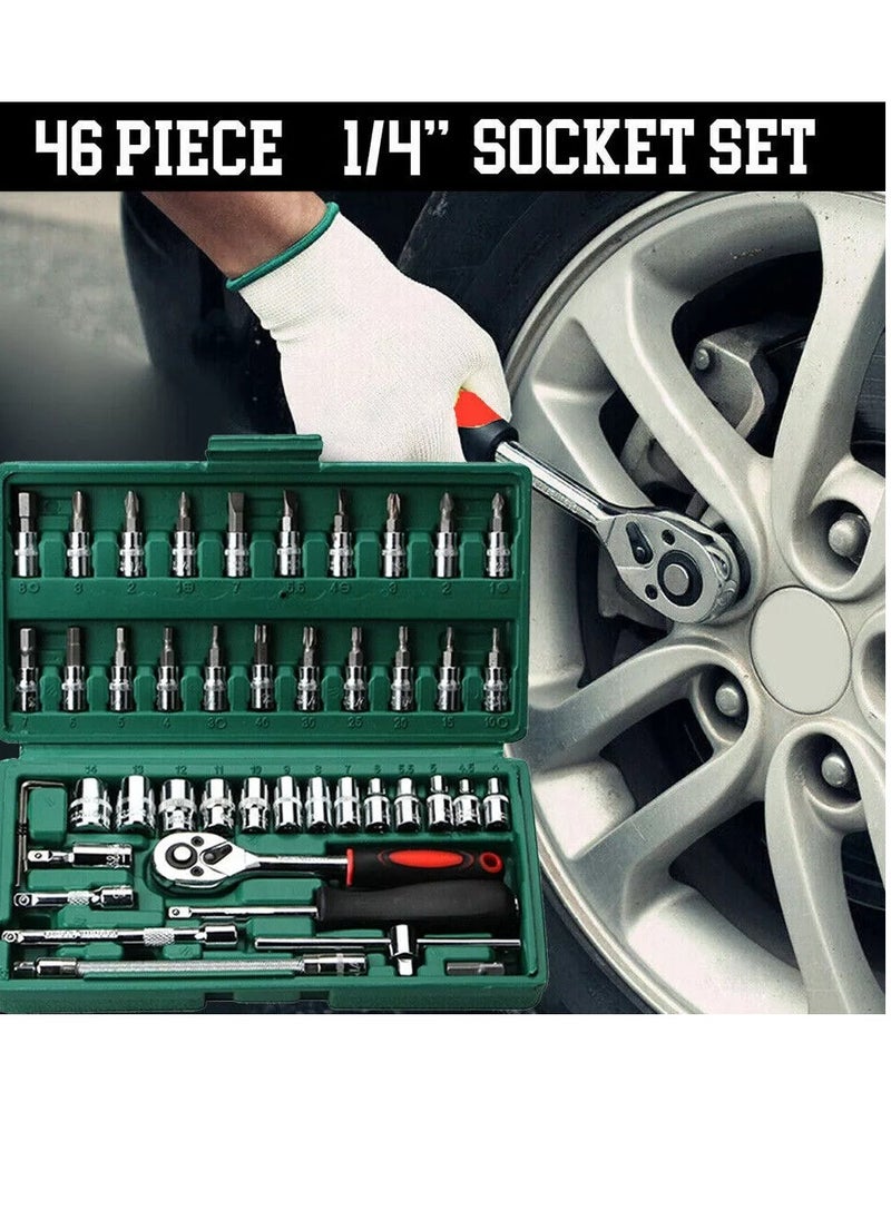 SRLIWHITE - 46Pcs 1/4"" Socket Ratchet Wrench Set with Bit Socket Set, Extension Bar Gimbal Slide Bar Extension Sockets Set for Automotive Repair And Home Us(Green) - Image 1
