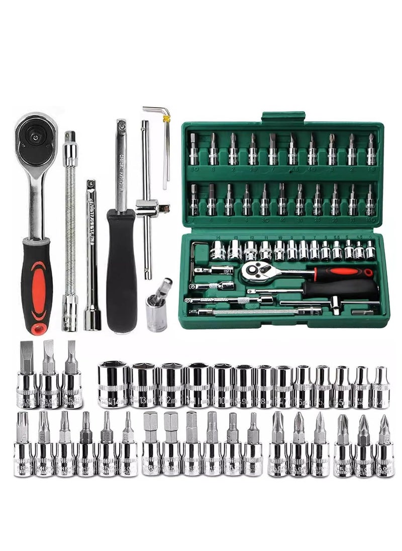 SRLIWHITE - 46Pcs 1/4"" Socket Ratchet Wrench Set with Bit Socket Set, Extension Bar Gimbal Slide Bar Extension Sockets Set for Automotive Repair And Home Us(Green) - Image 1