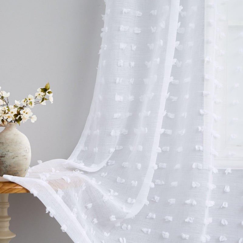 DANCURTON White Sheer Curtains 84 Inches Long For Living Room Bedroom Farmhouse White Pom Pom Curtains 2 Panels Back Tab Shabby Chic Boho Curtain Semi Sheer Nursery Kids Aesthetic Ruffle Drape 52X84 Length - Image 1