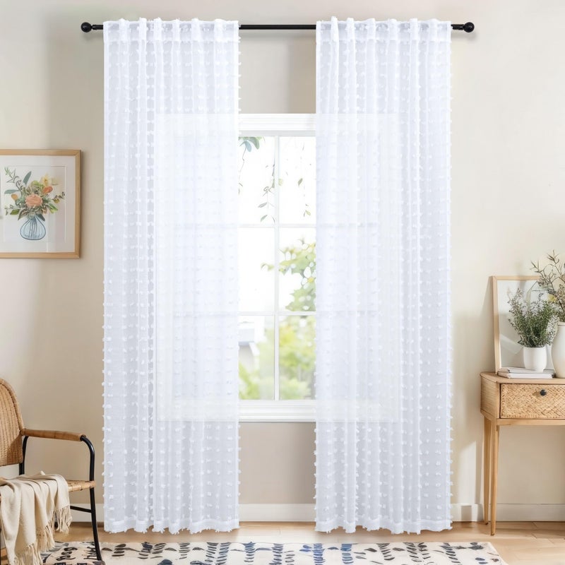 DANCURTON White Sheer Curtains 84 Inches Long For Living Room Bedroom Farmhouse White Pom Pom Curtains 2 Panels Back Tab Shabby Chic Boho Curtain Semi Sheer Nursery Kids Aesthetic Ruffle Drape 52X84 Length - Image 2