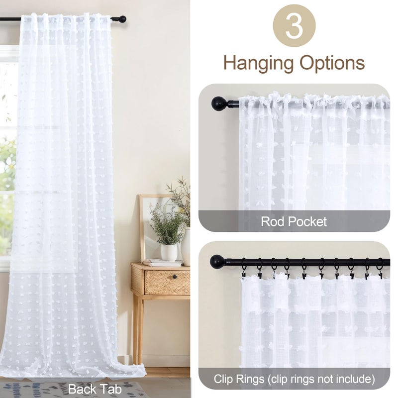 DANCURTON White Sheer Curtains 84 Inches Long For Living Room Bedroom Farmhouse White Pom Pom Curtains 2 Panels Back Tab Shabby Chic Boho Curtain Semi Sheer Nursery Kids Aesthetic Ruffle Drape 52X84 Length - Image 5