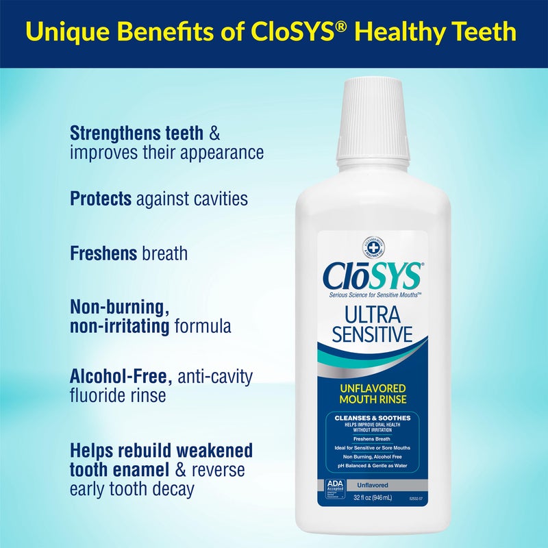 CloSYS Ultra Sensitive Mouthwash, Unflavored Alcohol Free, Dye Free, pH Balanced, Helps Soothe Entire Mouth â€“ 32 Oz - Image 2