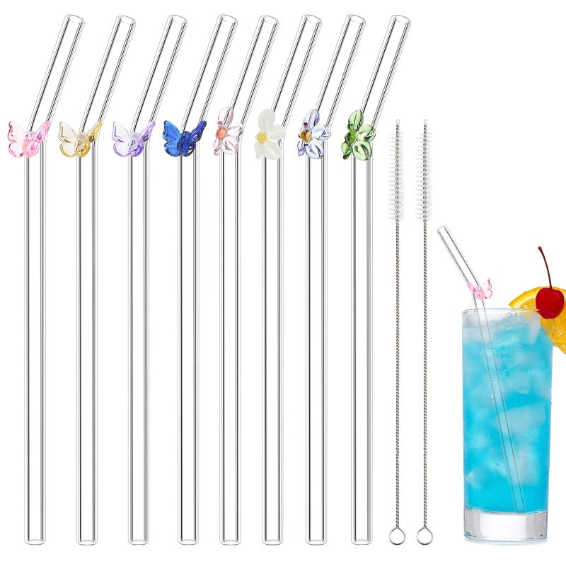 Meanplan 8 Pcs Reusable Glass Straws with Flower Butterfly Glass Clear Shatter Resistant Bent Colorful Floral Cute Reusable Straws with 2 Pcs Brush for Party Drink Cocktail