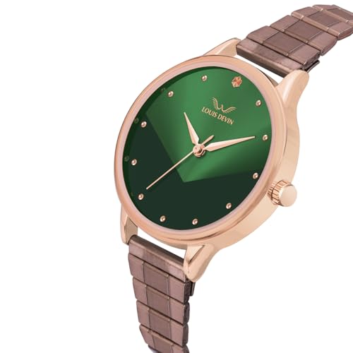 LOUIS DEVIN Brown Metal Chain Analog Wrist Watch for Women (Green Dial) | LD-CP188-GRN-BWCH - Image 3