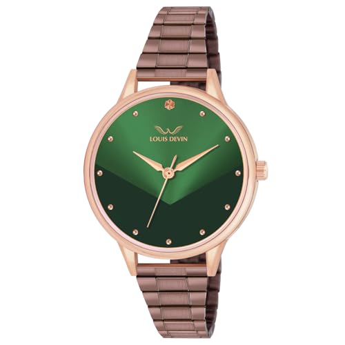 LOUIS DEVIN Brown Metal Chain Analog Wrist Watch for Women (Green Dial) | LD-CP188-GRN-BWCH - Image 1