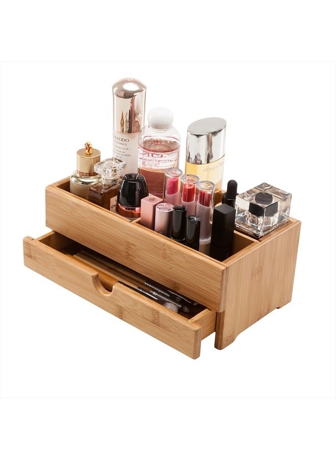 GOBAM Bamboo Makeup Organizer and Storage with Drawer, Medium - Wooden Cosmetic Organizer Countertop for Bathroom, Bedroom, Closet, Kitchen, Vanity & Dresser - Make up Vanity Station - Natural - Image 1