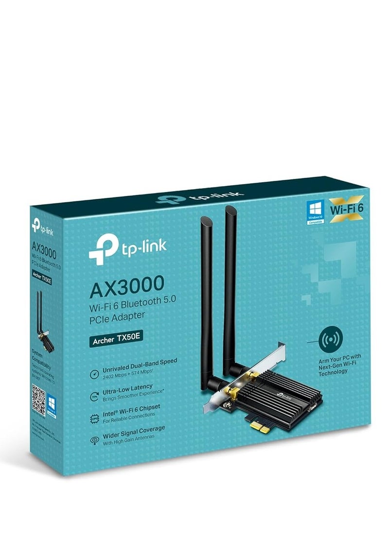 FIPKA - TP-Link Archer TX50E AX3000 Wi-Fi 6 Bluetooth 5.2 PCIe Adapter for PC with Heat Sink, MU-MIMO, Ultra-Low Latency, Supports Windows 11/10(64bit) Only, Two High-Gain Dual Band Antennas - Image 1