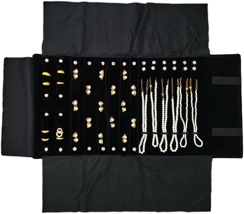 SCIKHEFT Velvet Travel Jewelry Case Roll Bag Organizer for Necklace Bracelet Earrings Ring (Black) (Black(2+6+6)) - Image 4