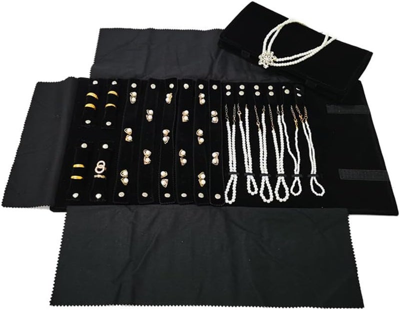 SCIKHEFT Velvet Travel Jewelry Case Roll Bag Organizer for Necklace Bracelet Earrings Ring (Black) (Black(2+6+6)) - Image 2