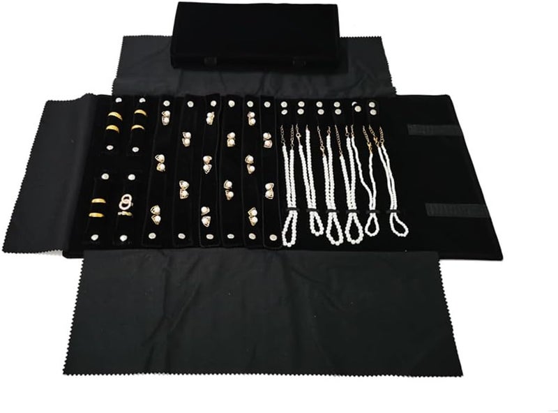 SCIKHEFT Velvet Travel Jewelry Case Roll Bag Organizer for Necklace Bracelet Earrings Ring (Black) (Black(2+6+6)) - Image 3